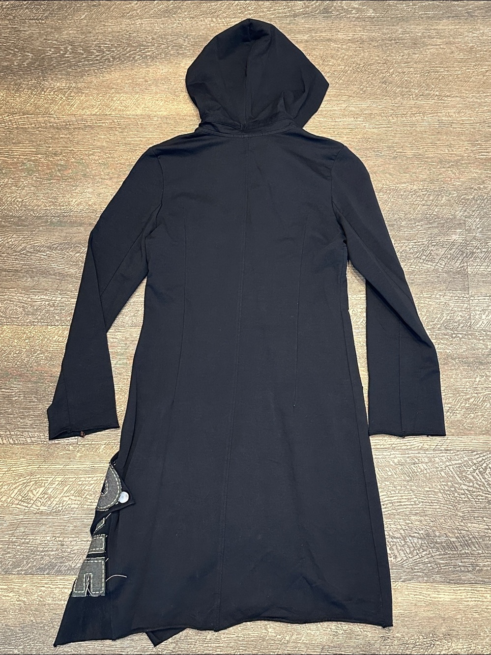 Cop. Copine Black Long Line Hooded Button Cardigan Duster with Patched Logo S/M - Picture 8 of 9